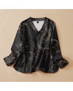 Buddha Stones Cotton Floral Koi Pattern Wrap V-Neck Lace-up Women's Long Sleeve Shirts Kimono - Black / US14，UK/AU18，EU46 (2XL)
