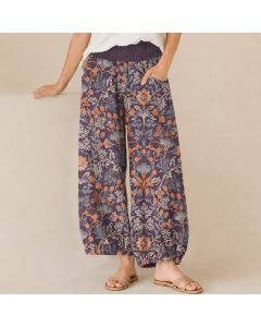 Buddha Stones Cotton Floral Vine Pattern Pleated Elastic Waist Women's Harem Pants With Pockets - Teal / US2，UK/AU6，EU34 (XS)