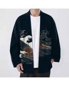 Buddha Stones Cotton Flowing Ocean Wave Pattern Open Front Men's Kimono - Black / US/UK/AU38，EU48 (M)