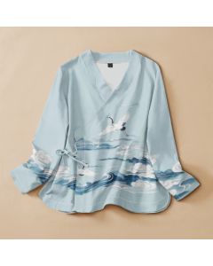 Buddha Stones Cotton Flying Crane Clouds Pattern Wrap V-Neck Lace-up Women's Long Sleeve Shirts Kimono - Aquamarine / US4，UK/AU8，EU36 (S)