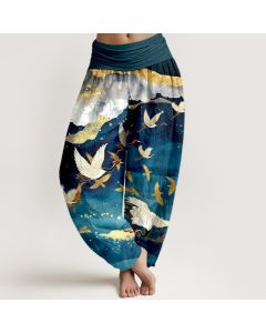Buddha Stones Cotton Flying Crane Golden Cloud Pattern Women's Elastic Waist Harem Pants - Teal / US2，UK/AU6，EU34 (XS)