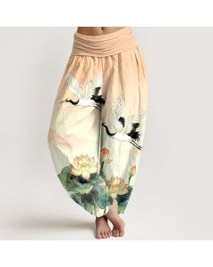 Buddha Stones Cotton Flying Crane Lotus Pattern Women's Elastic Waist Harem Pants - PeachPuff / US2，UK/AU6，EU34 (XS)