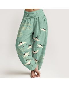 Buddha Stones Cotton Flying Crane Pattern Women's Elastic Waist Harem Pants - MediumAquamarine / US2，UK/AU6，EU34 (XS)
