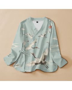 Buddha Stones Cotton Flying Crane Water Ripple Print Hanfu Style Wrap V-Neck Lace-up Women's Long Sleeve Shirts Kimono - PaleTurquoise / US4,UK/AU8,EU36 (S)
