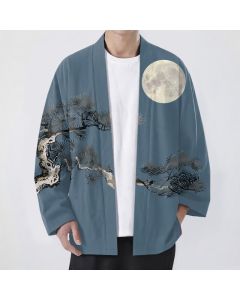 Buddha Stones Cotton Full Moon Pine Tree Pattern Open Front Men's Kimono - SteelBlue / US/UK/AU38，EU48 (M)
