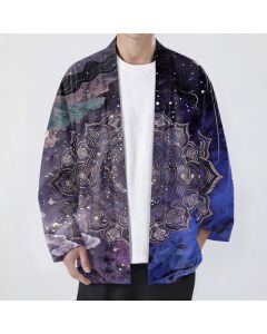 Buddha Stones Cotton Galactic Mandala Pattern Open Front Men's Kimono - Indigo / US/UK/AU38，EU48 (M)