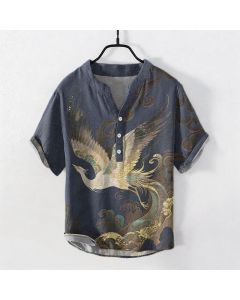 Buddha Stones Cotton Gilded Crane Wave Pattern Men's Short Sleeve Half Button Shirt - Navy / US/UK/AU38，EU48 (M)