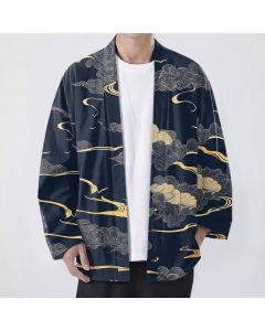 Buddha Stones Cotton Golden Cloud Pattern Open Front Men's Kimono - Navy / US/UK/AU38，EU48 (M)