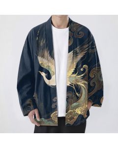 Buddha Stones Cotton Golden Crane Clouds Pattern Open Front Men's Kimono - Navy / US/UK/AU38，EU48 (M)