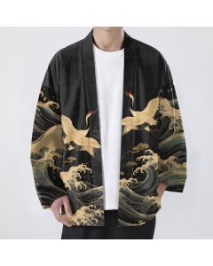 Buddha Stones Cotton Golden Crane Rolling Waves Pattern Open Front Men's Kimono - Black / US/UK/AU38，EU48 (M)
