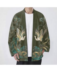 Buddha Stones Cotton Golden Crane Sea Cloud Pattern Open Front Men's Kimono - Teal / US/UK/AU38，EU48 (M)