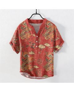 Buddha Stones Cotton Golden Dragon Cloud Pattern Men's Short Sleeve Half Button Shirt - SteelBlue / US/UK/AU50，EU60 (5XL)