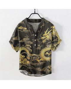 Buddha Stones Cotton Golden Dragon Cloud Pattern Men's Short Sleeve Half Button Shirt - SeaGreen / US/UK/AU50，EU60 (5XL)