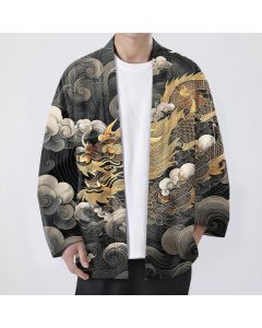 Buddha Stones Cotton Golden Dragon Cloud Pattern Open Front Men's Kimono - Black / US/UK/AU38，EU48 (M)