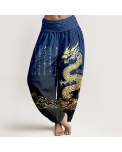 Buddha Stones Cotton Golden Dragon Cloud Pattern Women's Elastic Waist Harem Pants - Green / US6，UK/AU10，EU38 (M)