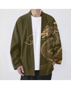 Buddha Stones Cotton Golden Dragon Cloud Wave Pattern Open Front Men's Kimono - Olive / US/UK/AU38，EU48 (M)