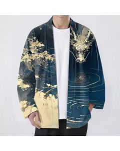 Buddha Stones Cotton Golden Dragon Cloud Waves Pattern Open Front Men's Kimono - Navy / US/UK/AU38，EU48 (M)