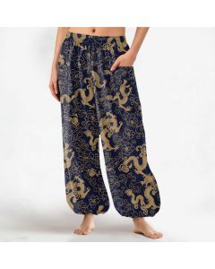 Buddha Stones Cotton Golden Dragon Flower Pattern Women's Elastic Waist Harem Pants With Side Pockets - Navy / US2，UK/AU6，EU34 (XS)