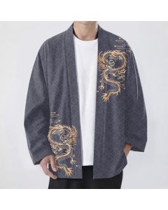 Buddha Stones Cotton Golden Dragon Geometric Circle Pattern Open Front Men's Kimono - SlateGray / US/UK/AU46，EU56 (3XL)
