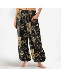 Buddha Stones Cotton Golden Dragon Lantern Pattern Women's Elastic Waist Harem Pants With Side Pockets - Black / US2，UK/AU6，EU34 (XS)