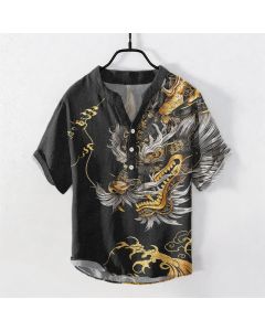 Buddha Stones Cotton Golden Dragon Pattern Men's Short Sleeve Half Button Shirt - SaddleBrown / US/UK/AU50，EU60 (5XL)