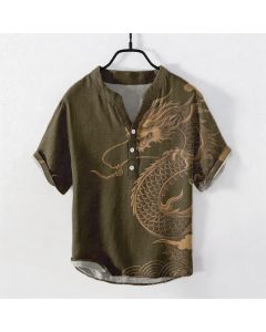 Buddha Stones Cotton Golden Dragon Pattern Men's Short Sleeve Half Button Shirt - DarkOliveGreen / US/UK/AU50，EU60 (5XL)
