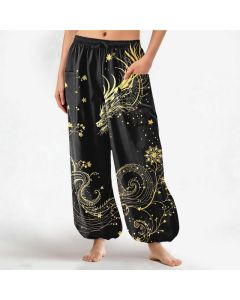 Buddha Stones Cotton Golden Dragon Swirl Floral Pattern Women's Elastic Waist Harem Pants With Side Pockets - Black / US2，UK/AU6，EU34 (XS)