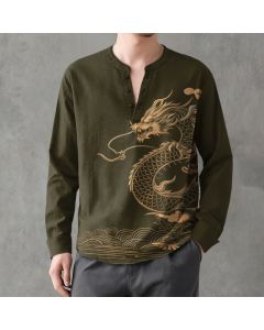 Buddha Stones Cotton Golden Dragon Wave Pattern V-Neck Buttons Men's Long Sleeve Shirts - DarkOliveGreen / US/UK/AU38，EU48 (M)