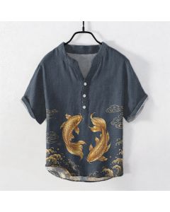 Buddha Stones Cotton Golden Koi Fish Pattern Men's Short Sleeve Half Button Shirt - MidnightBlue / US/UK/AU38，EU48 (M)