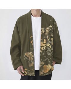 Buddha Stones Cotton Golden Koi Floral Pattern Open Front Men's Kimono - Olive / US/UK/AU38，EU48 (M)
