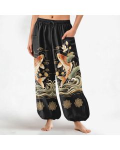 Buddha Stones Cotton Golden Koi Lotus Wave Pattern Women's Elastic Waist Harem Pants With Side Pockets - Black / US2，UK/AU6，EU34 (XS)