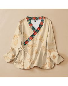 Buddha Stones Cotton Golden Leaf Red Flower Print Hanfu Style Wrap V-Neck Lace-up Women's Long Sleeve Shirts Kimono - Linen / US4，UK/AU8，EU36 (S)