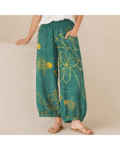 Buddha Stones Cotton Golden Lotus Koi Fish Pattern Pleated Elastic Waist Women's Harem Pants With Pockets - Gold / US14，UK/AU18，EU46 (2XL)