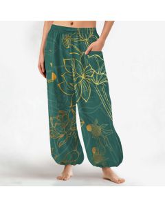 Buddha Stones Cotton Golden Lotus Koi Fish Pattern Women's Elastic Waist Harem Pants With Side Pockets - Teal / US2，UK/AU6，EU34 (XS)