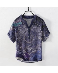 Buddha Stones Cotton Golden Mandala Galaxy Pattern Men's Short Sleeve Half Button Shirt - DarkBlue / US/UK/AU38，EU48 (M)