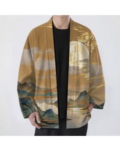 Buddha Stones Cotton Golden Moon Mountain Landscape Pattern Open Front Men's Kimono - SandyBrown / US/UK/AU38，EU48 (M)