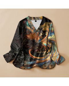 Buddha Stones Cotton Golden Phoenix Cloud Print Hanfu Style Wrap V-Neck Lace-up Women's Long Sleeve Shirts Kimono - Teal / US14，UK/AU18，EU46 (2XL)