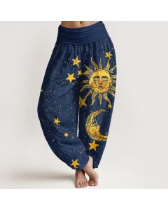 Buddha Stones Cotton Golden Sun Stars Pattern Women's Elastic Waist Harem Pants - Teal / US2,UK/AU6,EU34 (XS)
