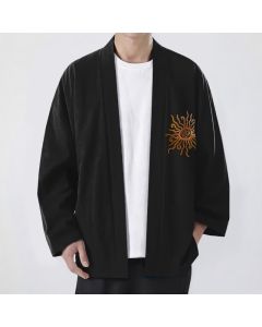 Buddha Stones Cotton Golden Sunburst Pattern Open Front Men's Kimono - Black / US/UK/AU38，EU48 (M)