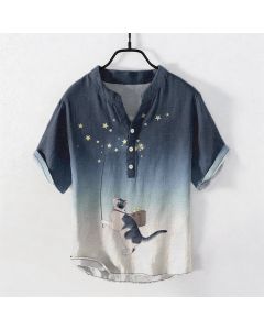 Buddha Stones Cotton Gradient Cat and Stars Pattern Men's Short Sleeve Half Button Shirt - Navy / US/UK/AU38，EU48 (M)