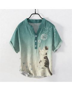 Buddha Stones Cotton Hand Drawn Cat Dandelion Pattern Men's Short Sleeve Half Button Shirt - LightSteelBlue / US/UK/AU50，EU60 (5XL)