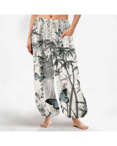 Buddha Stones Cotton Ink Bamboo Butterfly Pattern Women's Elastic Waist Harem Pants With Side Pockets - LightGrey / US2，UK/AU6，EU34 (XS)
