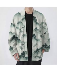 Buddha Stones Cotton Ink Bamboo Mountains Landscape Pattern Open Front Men's Kimono - DarkSeaGreen / US/UK/AU38，EU48 (M)