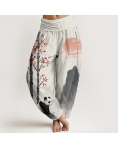 Buddha Stones Cotton Ink Bamboo Panda Pattern Women's Elastic Waist Harem Pants - White / US16，UK/AU20，EU48 (3XL)