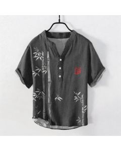 Buddha Stones Cotton Ink Bamboo Pattern Men's Short Sleeve Half Button Shirt - Black / US/UK/AU38，EU48 (M)