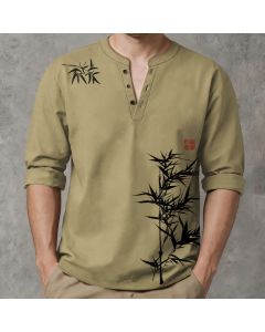 Buddha Stones Cotton Ink Bamboo Pattern V-Neck Buttons Men's Long Sleeve Shirts - DarkKhaki / US/UK/AU38，EU48 (M)