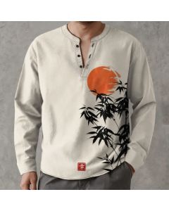Buddha Stones Cotton Ink Bamboo Sun Pattern V-Neck Buttons Men's Long Sleeve Shirts - Linen / US/UK/AU38，EU48 (M)