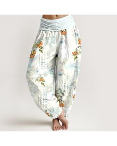 Buddha Stones Cotton Ink Calligraphy Citrus Butterfly Pattern Women's Elastic Waist Harem Pants - LightCyan / US2，UK/AU6，EU34 (XS)