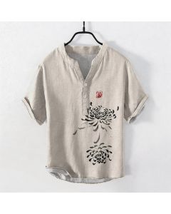 Buddha Stones Cotton Ink Chrysanthemum Seal Pattern Men's Short Sleeve Half Button Shirt - SteelBlue / US/UK/AU40，EU50 (L)