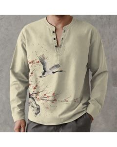 Buddha Stones Cotton Ink Crane Blossom Pattern V-Neck Buttons Men's Long Sleeve Shirts - Linen / US/UK/AU38，EU48 (M)